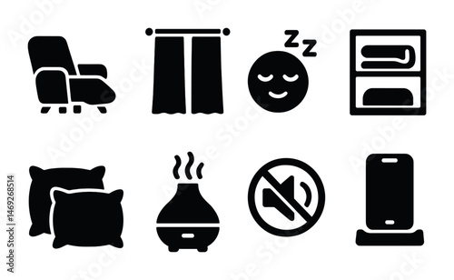 Home comforts solid icons set – filled, cozy, relaxation and household essentials