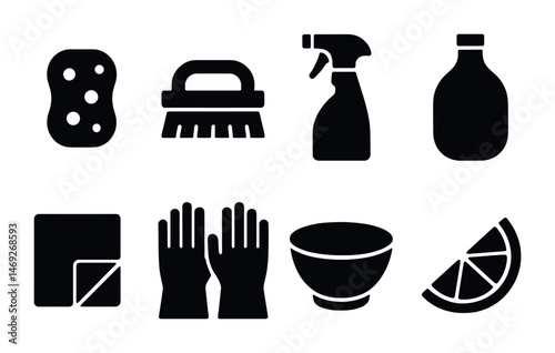 Cleaning and household solid icons set – filled, tools and equipment symbols