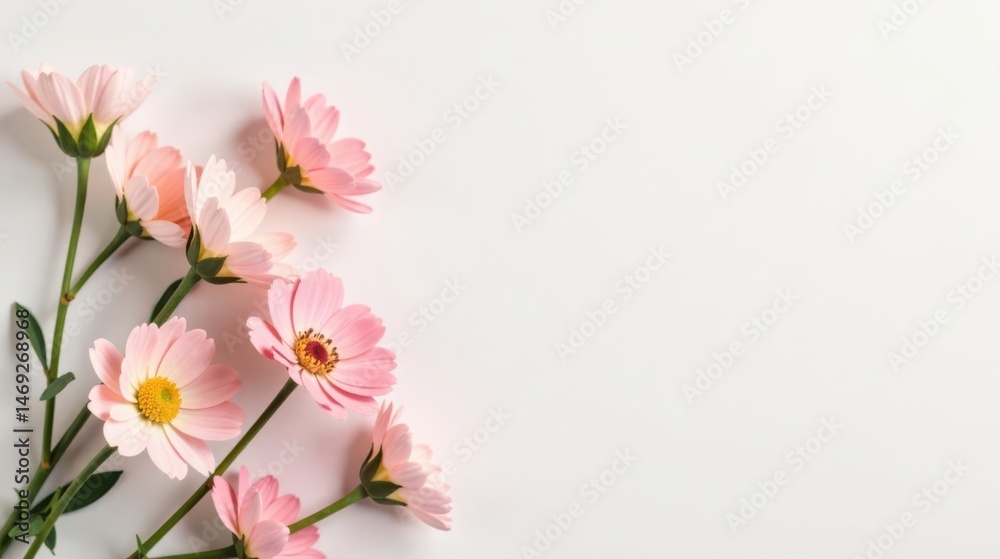 Obraz premium Delicate Pink Flowers Arranged on a White Background, Perfect for Spring or Summer Designs and Greeting Cards