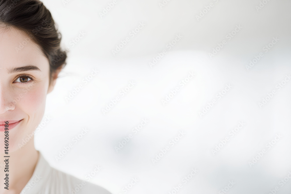 Fototapeta premium friendly receptionist portrait positioned on left side of frame with bright office background