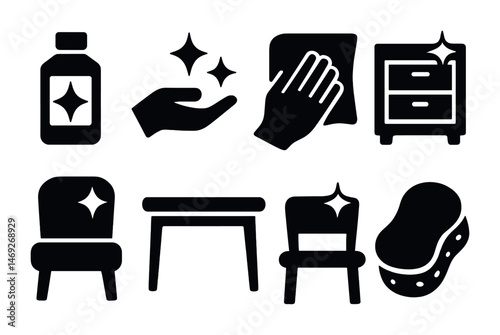 Cleaning and hygiene silhouette icons set – solid, housekeeping, sanitation symbols