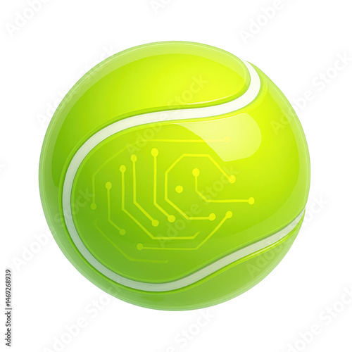 Futuristic tennis ball with glowing digital circuit isolated on white or transparent background