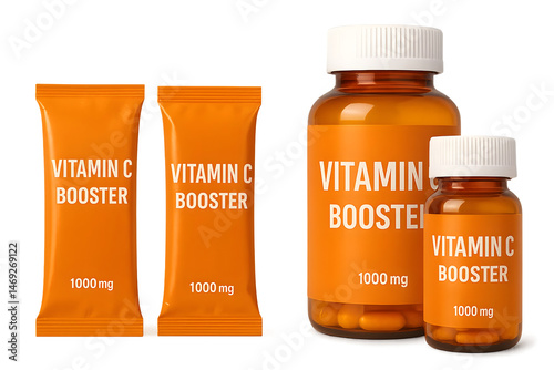 Vitamin C booster products in various packaging: two sachets and two bottles, all labeled with dosage information. Concept Vitamin C Sachets, Dosage Information, Convenient Packaging
