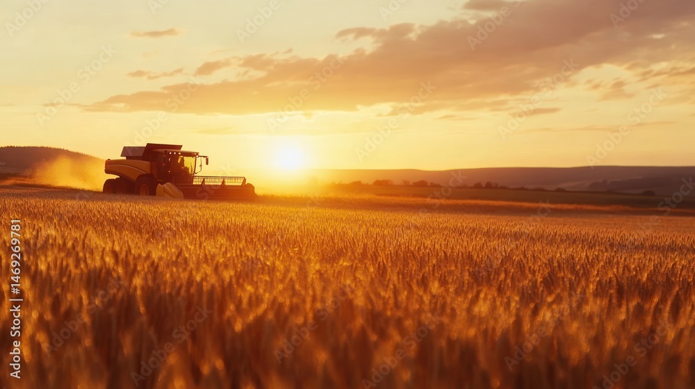 Fototapeta premium Harvester at golden sunset