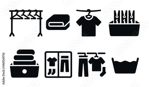 Laundry solid icons set – silhouette, filled, clothes washing symbols