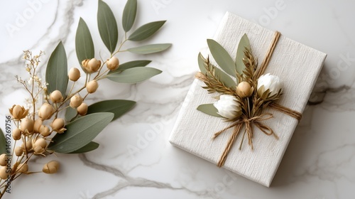 Elegant eco-friendly gift box with dried floral arrangement on marble background – natural rustic style holiday or wedding packaging