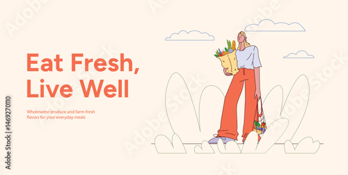 Young Woman Holding Grocery Bag with Vegetables and Bread. Eat Fresh Live Well Concept Banner. Flat Vector Illustration with Organic Products and Nature Elements Isolated on Light Background
