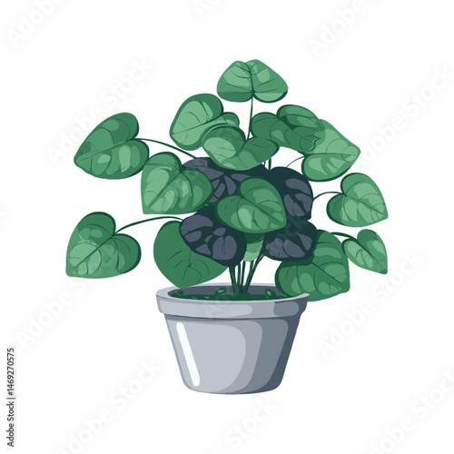 Decorative potted plant with lush heart-shaped leaves in a flat graphic style on white background, concept of indoor greenery and home decor