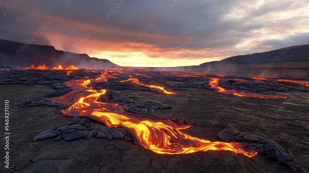 Fototapeta premium A cinematic view of lava flowing slowly across a barren landscape, creating a powerful texture of molten rock.