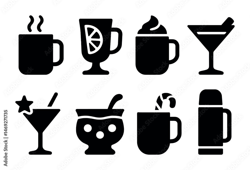 Beverage silhouette icons set – drinks, solid, coffee and cocktail symbols Beverage silhouette icons set – drinks, solid, coffee and cocktail symbols