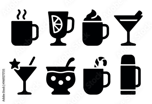 Beverage silhouette icons set – drinks, solid, coffee and cocktail symbols