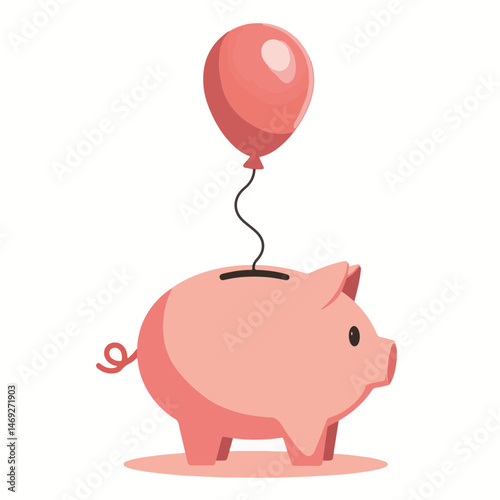 Piggy Bank with Balloon Above on White Background for Finance Blogs, Saving Tips Websites, Investment Education, and Economic Awareness Projects