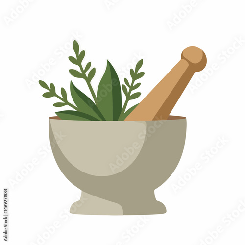 Mortar and Pestle with Herbs in Minimalist Design for Herbal Medicine, Alternative Wellness Blogs, Natural Remedies, and Organic Lifestyle Content