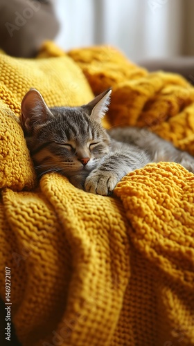 Sleepy gray tabby cat nestled in a warm yellow blanket.