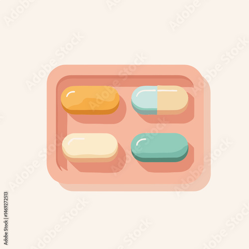 Colorful pills arranged in a tray on a light background  