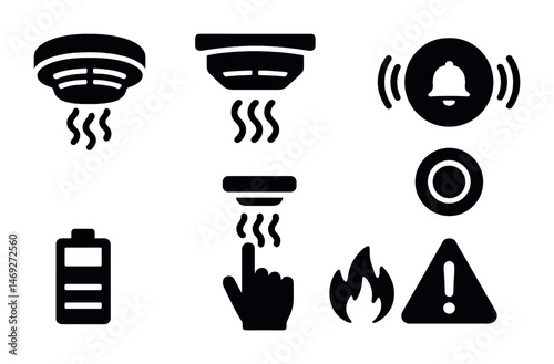 Fire safety silhouette icons set – alarm, emergency, protection symbols