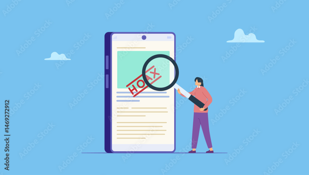Fototapeta premium woman with magnifying glass verify fake news on website on cellphone. Fake news or false information spreading on website and social media, screening or verify truth before sharing or believe.