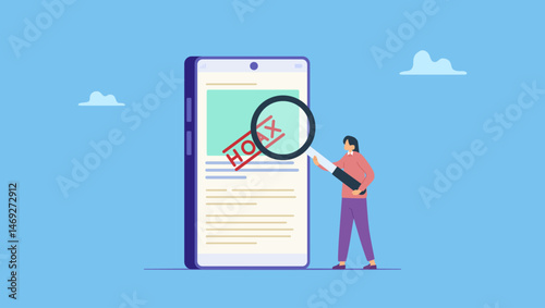 woman with magnifying glass verify fake news on website on cellphone. Fake news or false information spreading on website and social media, screening or verify truth before sharing or believe. 
