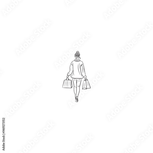Woman walking away with shopping bags minimalist black and white outline