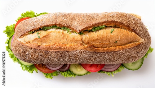 fresh veggie sub sandwich kitchen food rustic top down view isolated on white background
