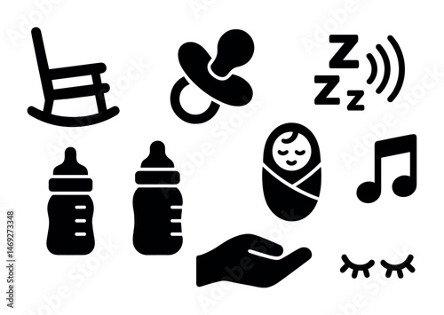 Baby care silhouette icons set – nursery, infant, and parenting essentials