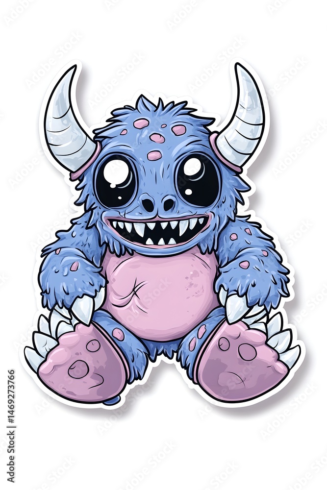 Obraz premium A blue, furry monster with pink accents and large eyes sits with a toothy grin