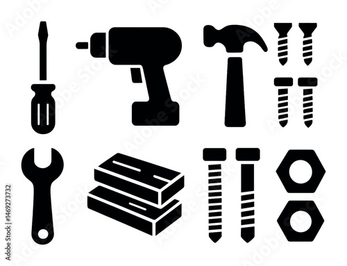 Construction tools solid icons set – flat, filled, diy and building symbols
