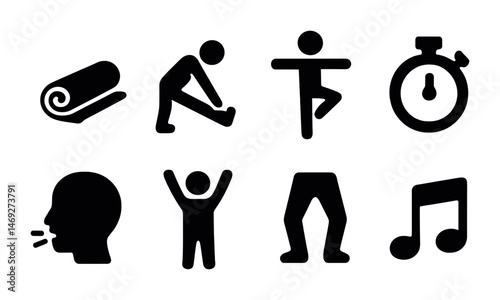 Fitness and exercise silhouette icons set – solid, filled, workout and health symbols