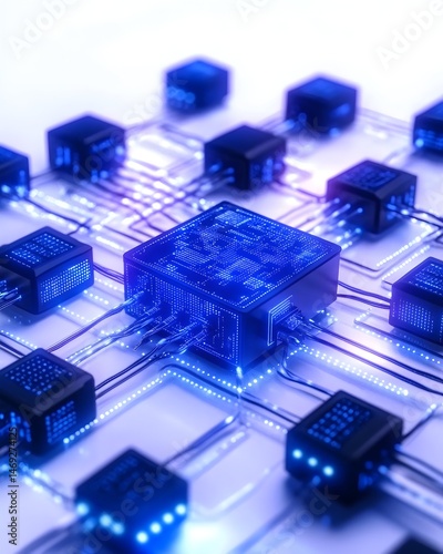 A central processing unit surrounded by smaller units, connected by glowing blue wires