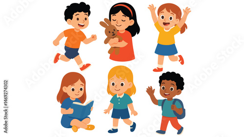 Happy Children Vector Illustration – Cute Kids in Playful Poses, Colorful Outfits, and Joyful Expressions for Educational and Family Themes Outdoor Sports and Activities