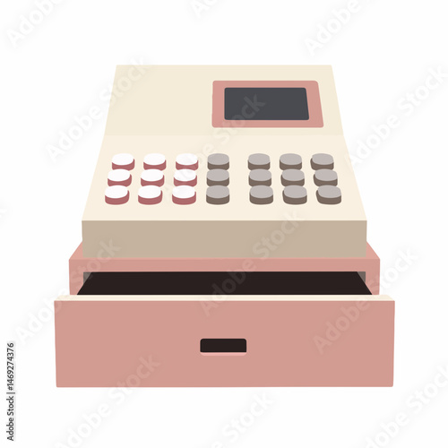 Cash Register with Open Drawer in Flat Design for Retail Business Concepts, Financial Services, E-commerce Websites, and Educational Materials