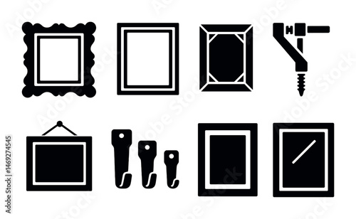 Picture frame solid icons set – art, gallery, wall decor symbols