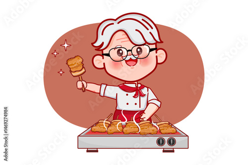 Cute cartoon chef elderly man for logo cartoon. Street food Logo design premium vector.