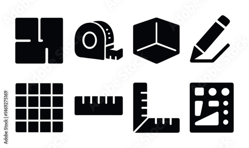 Construction tools solid icons set – filled, silhouette, building and repair symbols