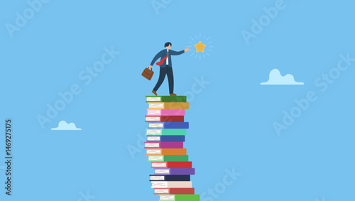 Smart businessman climb book stack to reach goal. Learning or study help reach goal and success, knowledge and education for business challenge, motivation or ambition to learn new skill.