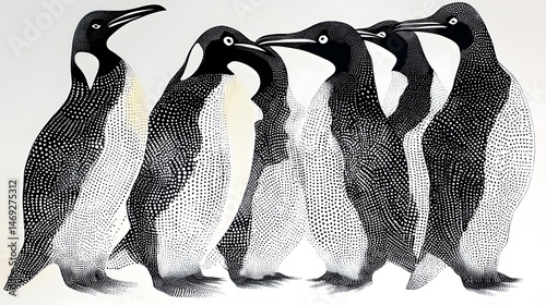 Penguin Family in Dotted Lines: A group of penguins standing together, their forms subtly outlined by a series of black and white dots and lines. 
 photo