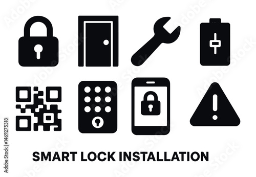 Smart lock installation solid icons set – flat, silhouette, security symbols