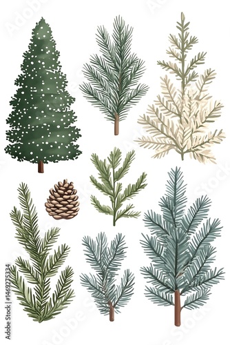 A collection of nine hand-drawn illustrations depicting various aspects of coniferous trees, including a full tree, branches, and a pine cone