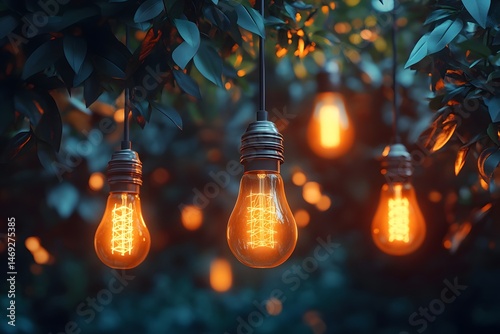 Hanging Vintage Light Bulbs in Rainy Atmosphere with Warm Glow