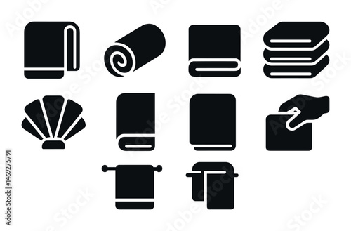 Towel and textiles solid icons set – flat, filled, bathroom and home essentials