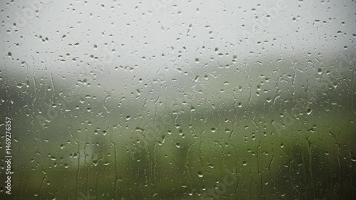 Close-up of raindrops streaming down a windowpane with a blurred natural background, capturing the calm and moody atmosphere of a rainy day.