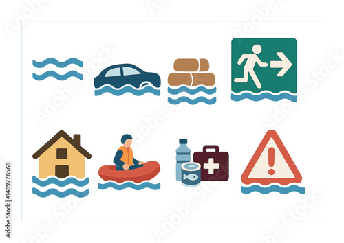 Flood emergency solid icons set – filled, disaster, safety symbols