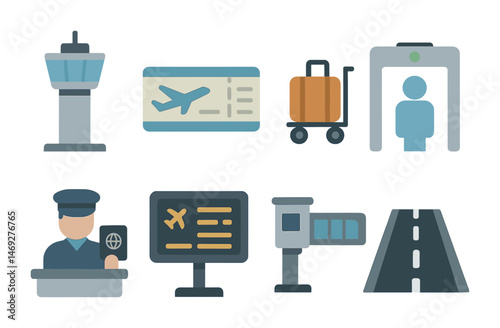 Airport and travel flat icons set – journey, aviation, and trip symbols