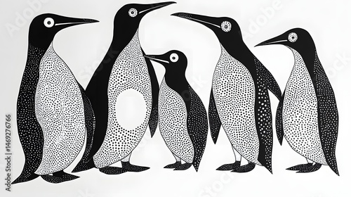 Penguin Family in Dotted Lines: A group of penguins standing together, their forms subtly outlined by a series of black and white dots and lines. 
 photo