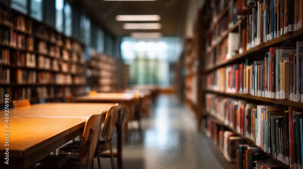 Blurred Library Scene with Shelves Full of Books and Study Tables Blurred Library Scene with Shelves Full of Books and Study Tables