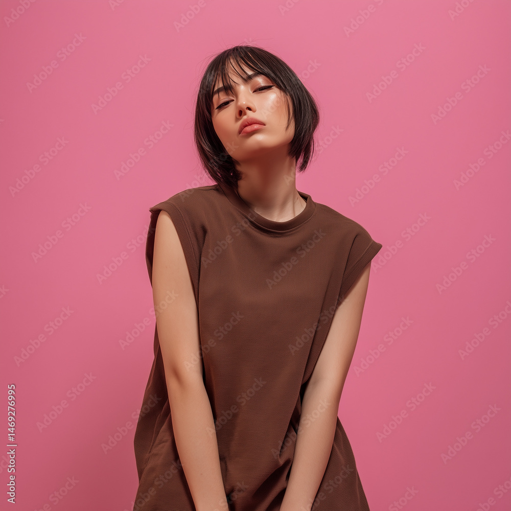 Obraz premium mockup Oversized brown women's sleeveless t-shirt, Japanese female model, isolated on pink studio background, Ai generated images