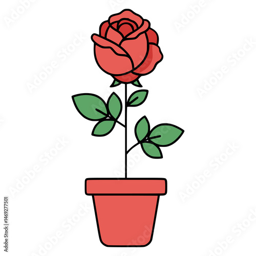 rose flower on a pot plant flat color vector illustration template design