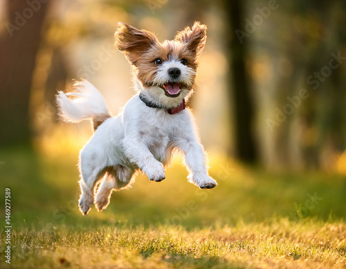 un perro pequeño y sano saltando y jugando feliz en un paseo por el campo