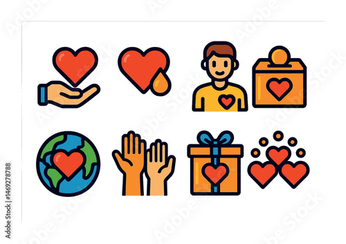 Charity and donation icons set – flat, filled, giving and support symbols