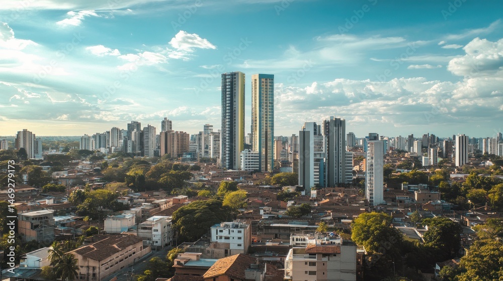 Fototapeta premium Panoramic cityscape of a modern urban center with residential buildings and commercial skyscrapers